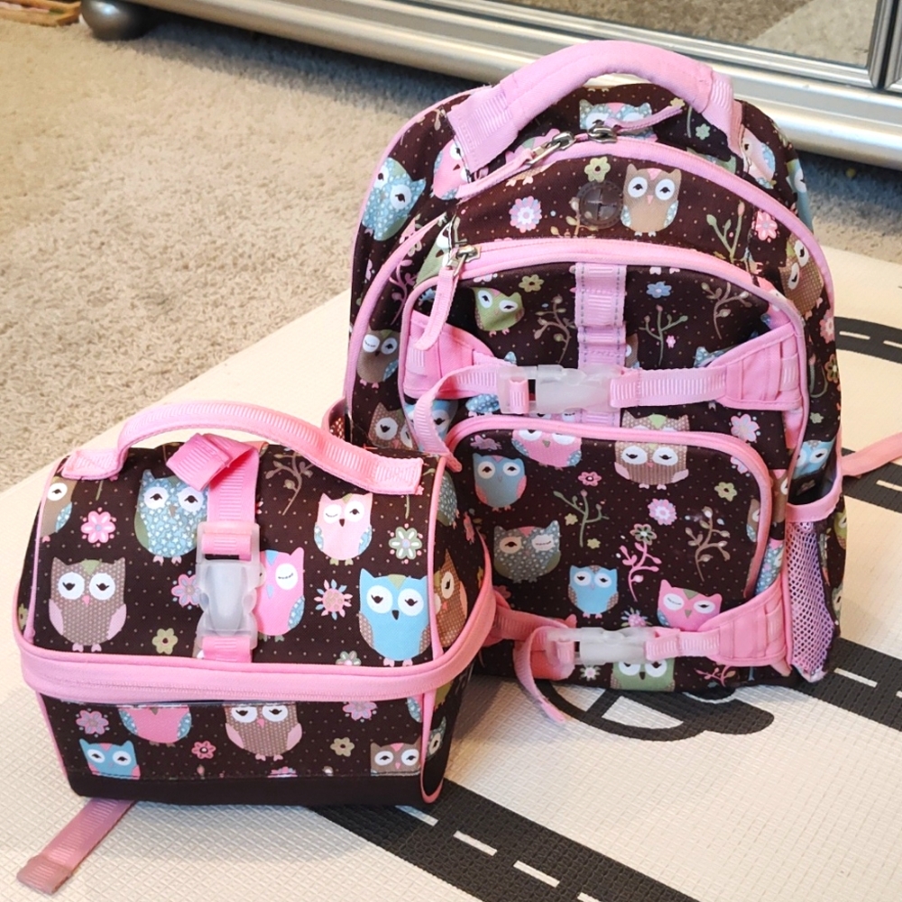 Pottery Barn Kids PBK Small Chocolate Owl backpack and lunchbag